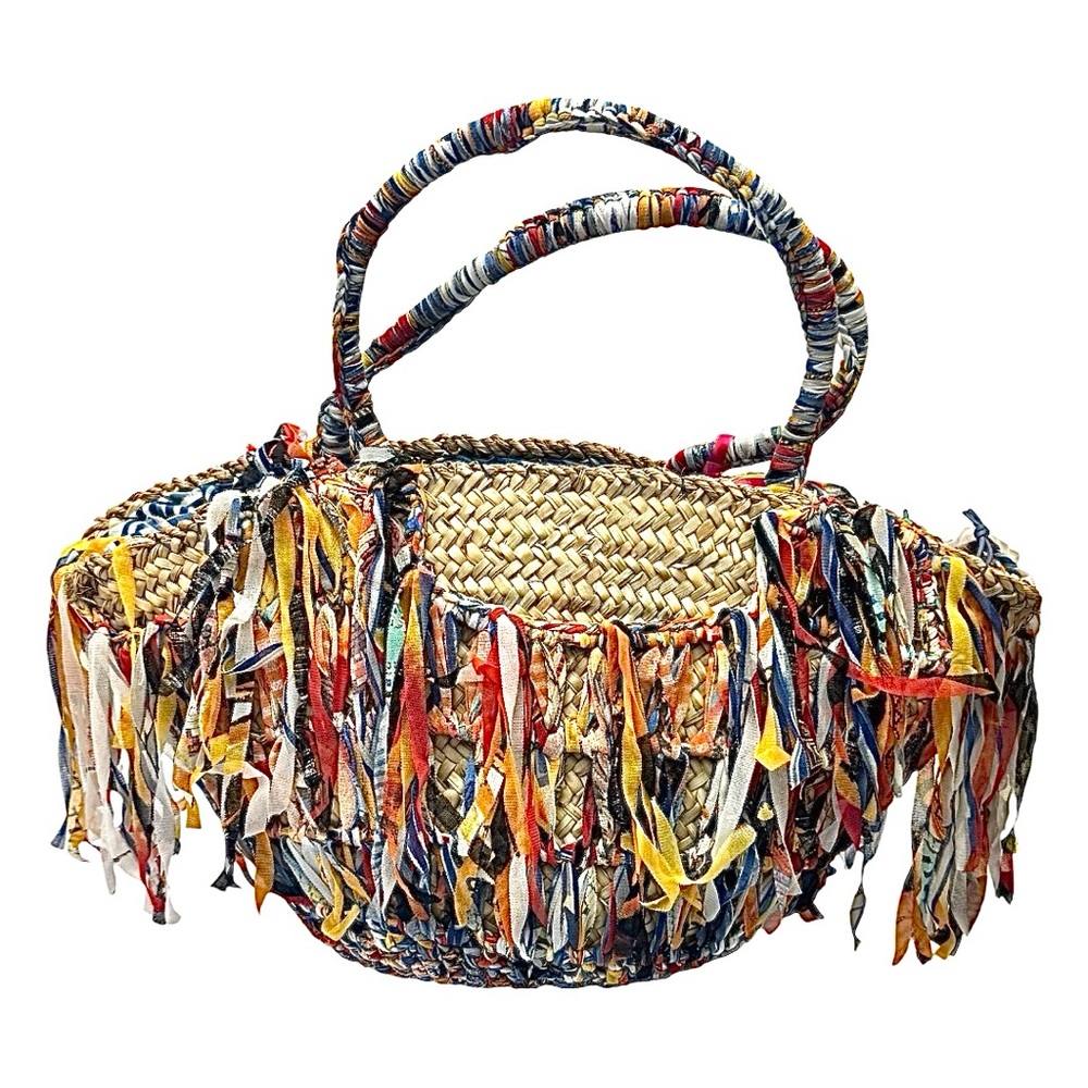 Boho Woven Straw Fringe Tote Bag Colorful Fabric Tassel Beach Handbag - Picture 5 of 11